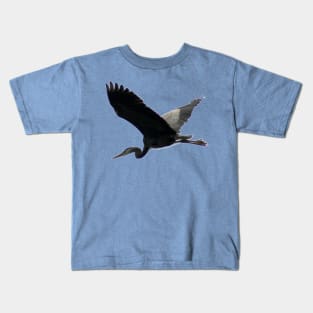 Great Blue Heron Flying Past the Clouds Above Trojan Pond Kids T-Shirt